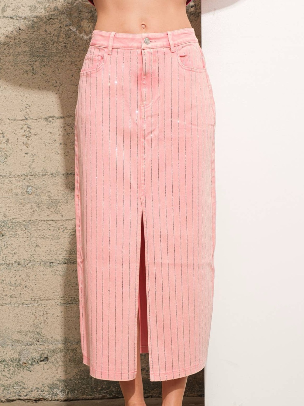 Pink Rhinestone Studded Denim Midi Long Skirt